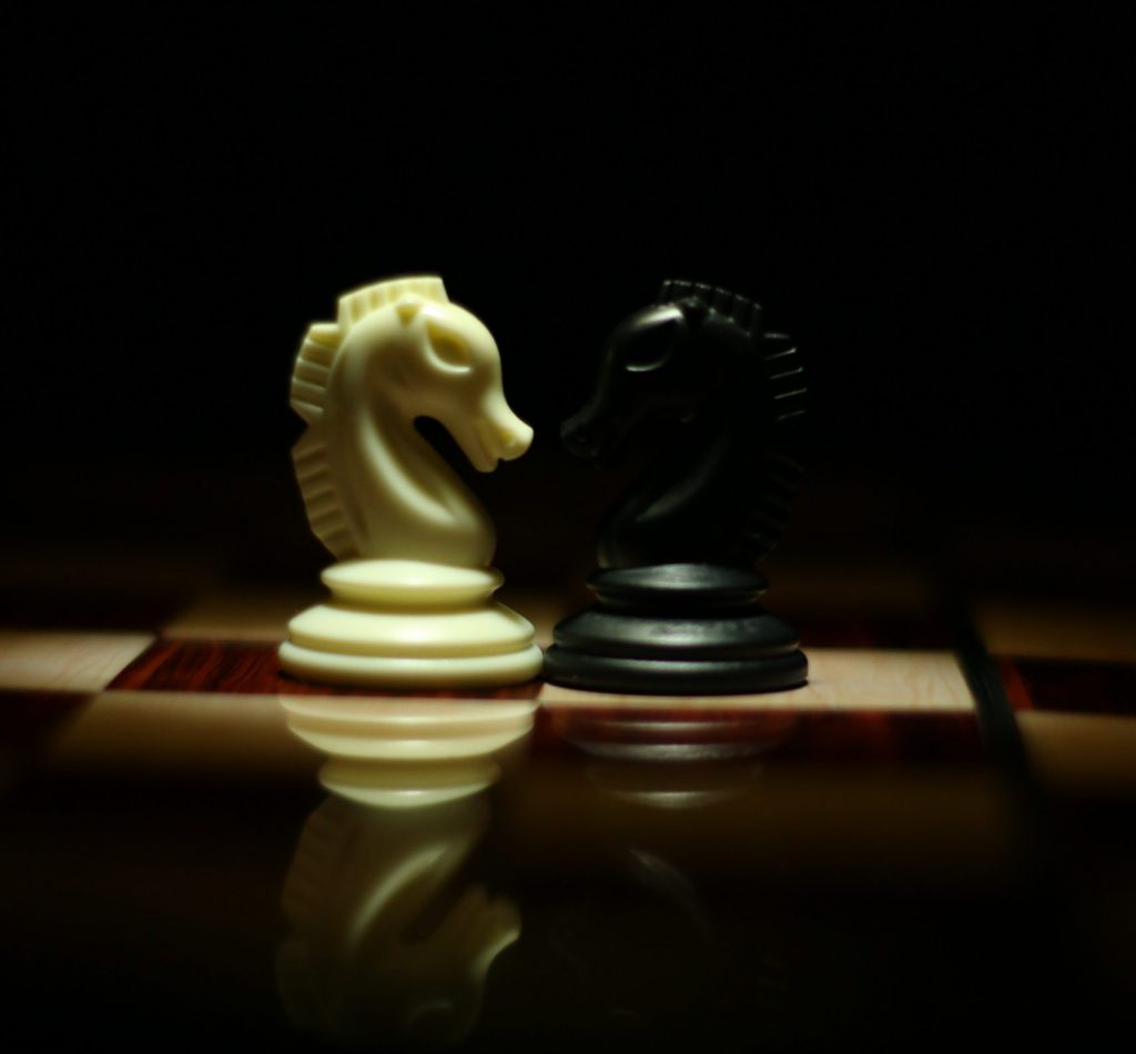 two-white-and-black-chess-knights-facing-each-other-on-chess-839428